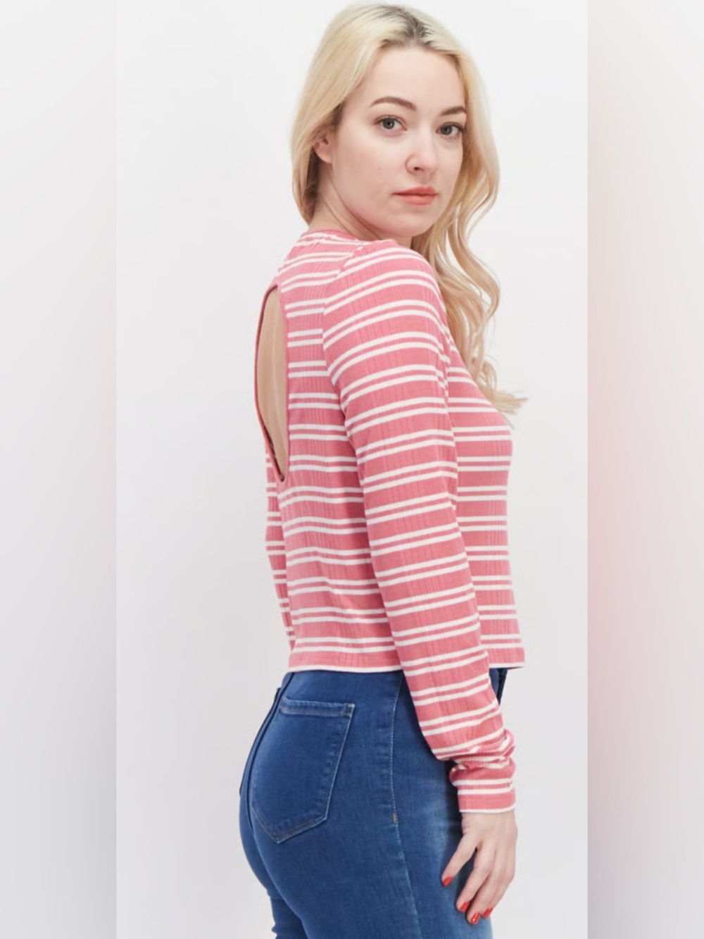 Tommy Hilfiger Pink and White Striped Long-Sleeve Top with Open Back